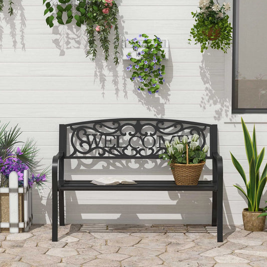 Cast Iron Welcome Garden Bench, Black Tubular Steel