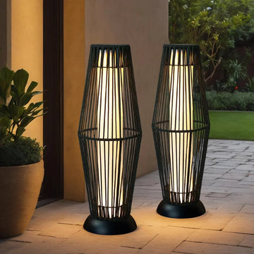 2-Piece Solar Powered Wicker Patio Floor Lamp Set