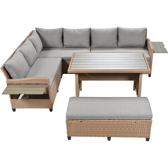 Rattan L-Shaped Patio Sectional — 5-piece outdoor wicker sectional sofa set with cushions