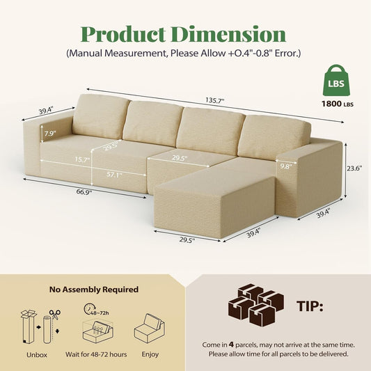Beige bouclé 136-inch cloud L-shaped sectional sofa, detail view 2