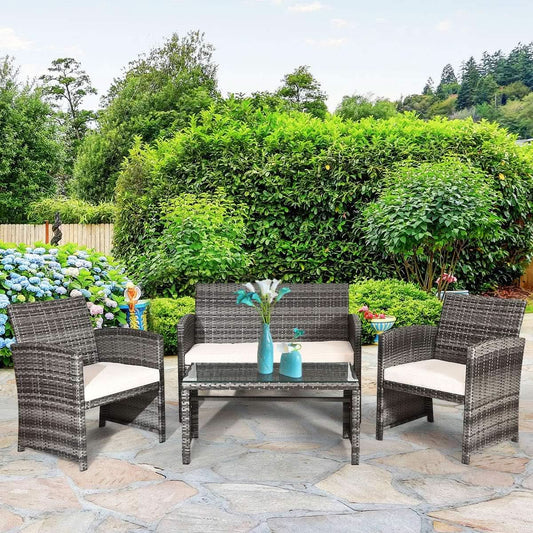 4-Piece Wicker Patio Conversation Set with Soft Cushions