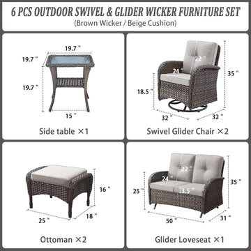 Six-Piece Brown Wicker Patio Set with Swivel Chairs
