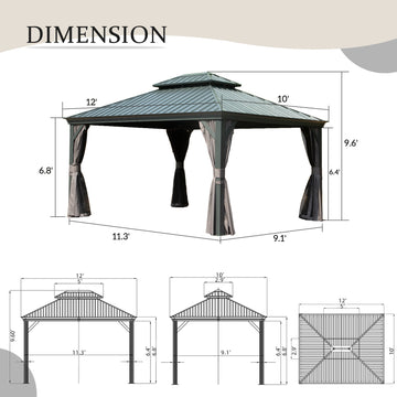 Hardtop Gazebo — 10x12 Ft, Galvanized Steel Double Roof