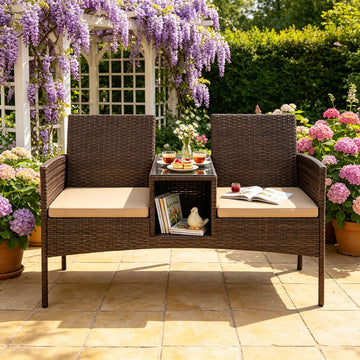 2-Seat PE Wicker Patio Loveseat with Storage Table