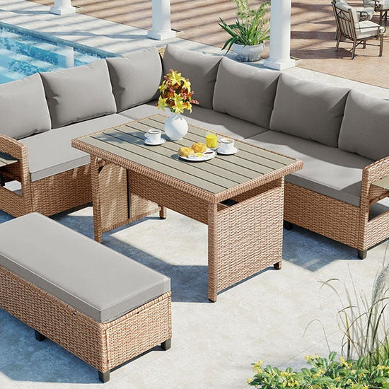 Rattan L-Shaped Patio Sectional — 5-piece outdoor wicker sectional sofa set with cushions