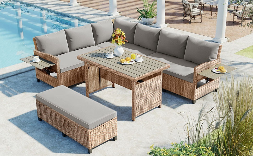 Rattan L-Shaped Patio Sectional — 5-piece outdoor wicker sectional sofa set with cushions