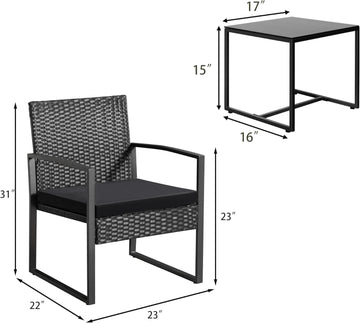 3 Piece Wicker Conversation Bistro Set Outdoor Patio Furniture Black Rattan Chairs Coffee Table For Garden Lawn Porch