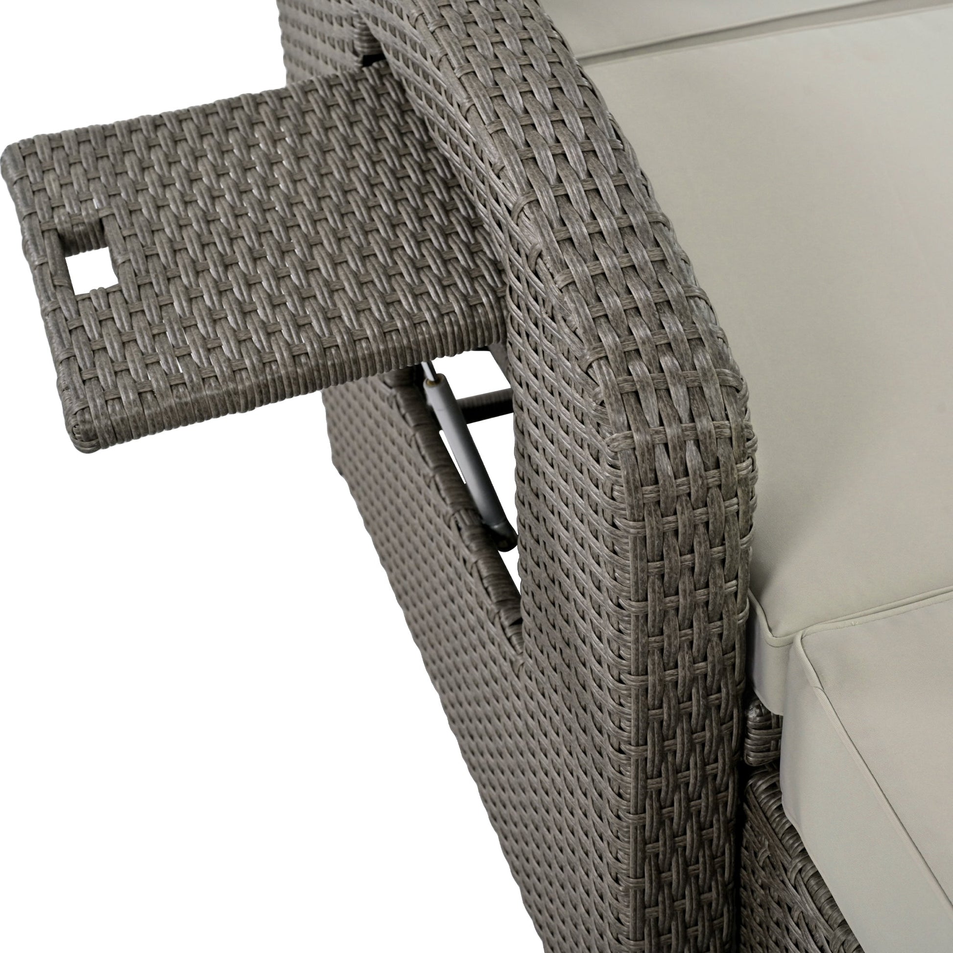 Wicker Double Chaise Lounge — two-person reclining wicker loungers with cushions and middle table