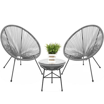 3-Piece Grey Rope Woven Patio Bistro Set with Glass-Top Table
