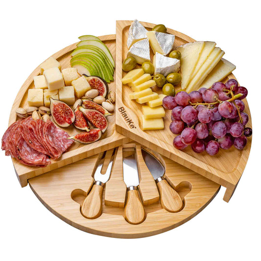 Bamboo Cheese Board and Knife Set, 14-Inch Swiveling Charcuterie