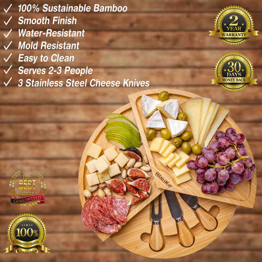 Bamboo Cheese Board and Knife Set, 14-Inch Swiveling Charcuterie