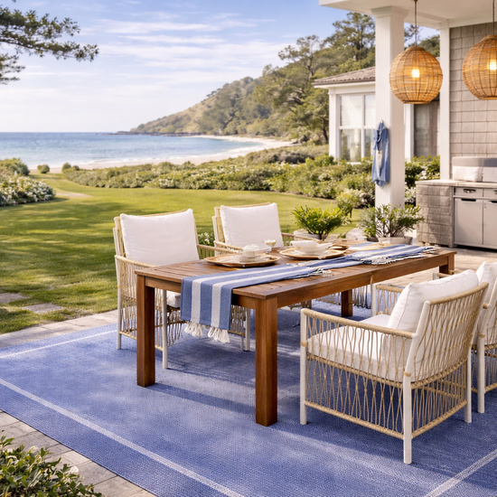Acacia Outdoor Dining Set — 5-piece with 67-inch acacia wood table and four cushioned rattan chairs
