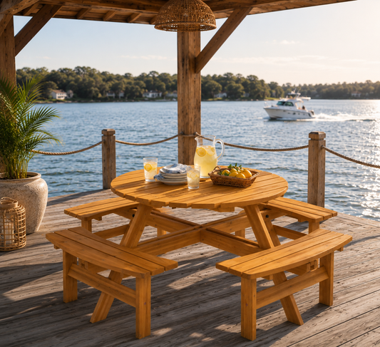 Fir Wood Round Picnic Table with Benches — Seats 8