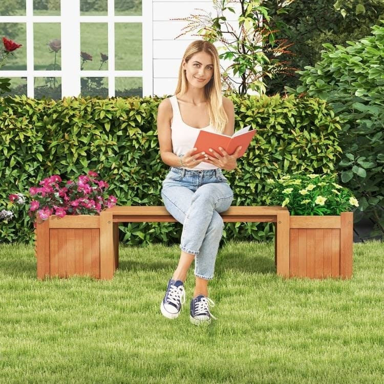 Farmhouse Durable Outdoor Wooden Planter Box with Garden Bench-1