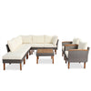 9-Piece Rattan & Acacia Patio Furniture Set — Beige Cushions