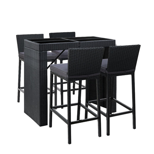 4-Seater Outdoor Bar Set with Rattan Stools and Glass-Top Table