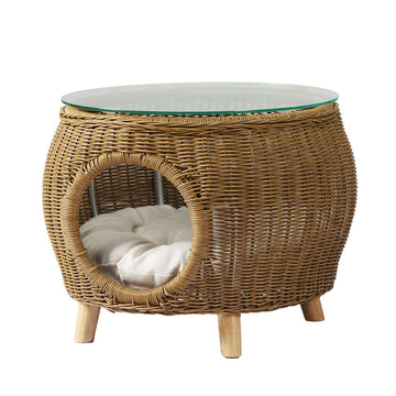 2-in-1 Wicker & Aluminium Coffee Table with Pet Bed