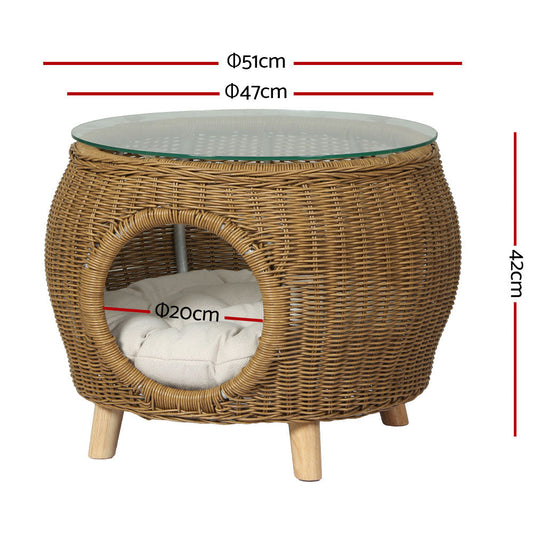 2-in-1 Wicker & Aluminium Coffee Table with Pet Bed