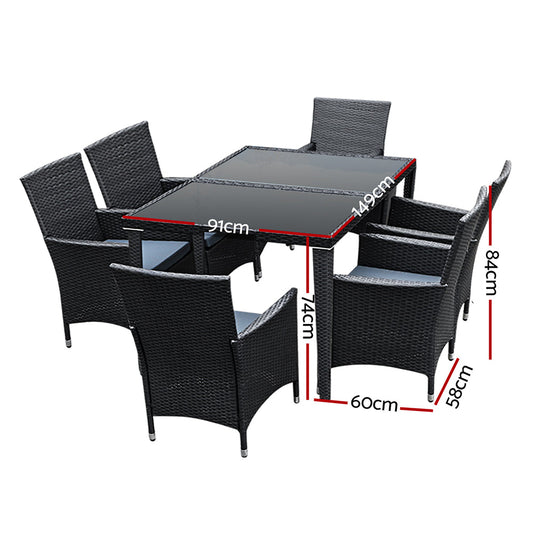 7-Piece Outdoor Dining Set with Rattan Chairs and Glass-Top Table