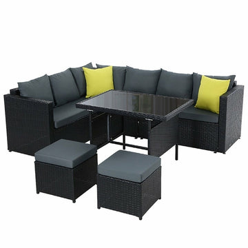 Outdoor Patio Sofa Dining Set with Table, Chairs & Ottoman