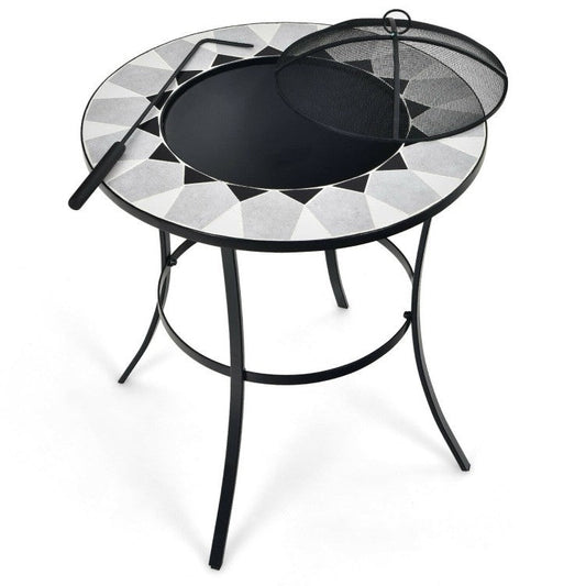 Portable Round Fire Pit Table with Mesh Cover and Poker