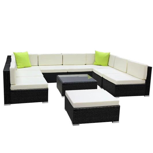 10-Piece Outdoor Wicker Sofa Lounge Set with Glass-Top Table
