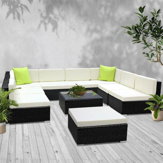 10-Piece Outdoor Wicker Sofa Lounge Set with Glass-Top Table