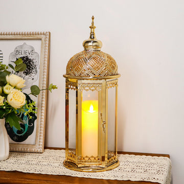 Moroccan Candle Lantern 17'' Gold Hexagonal Candle Holder