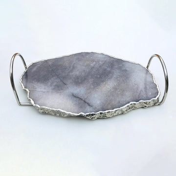 Gray Agate Quartz Serving Tray with Silver Loop Handles