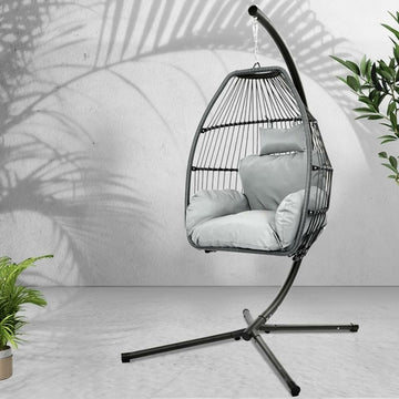 Outdoor Egg Swing Chair with Stand, Hand-Woven Wicker Pod