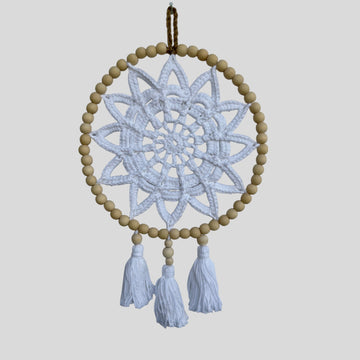 10" Handmade Wood Bead Macrame Dreamcatcher — White