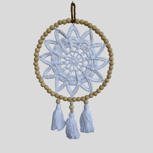 10" Handmade Wood Bead Macrame Dreamcatcher — White