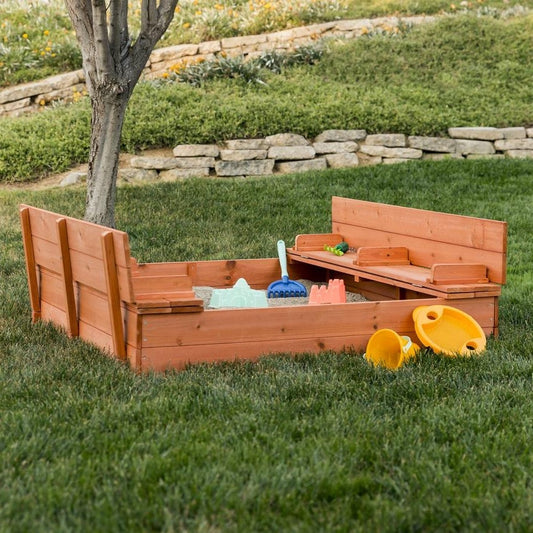 Cedar Kids Sandbox with Fold-Out Bench Cover and Sand Screen