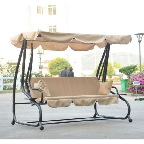Outdoor Canopy Swing Bed with Shade Cover in Sand