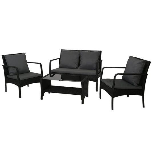4-Piece Rattan Outdoor Sofa Set with Glass-Top Table