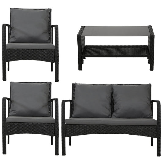 4-Piece Rattan Outdoor Sofa Set with Glass-Top Table