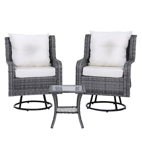 NNEDSZ Gardeon 3PC Outdoor Furniture Bistro Set Lounge Wicker Swivel Chairs Table Cushion Grey-1