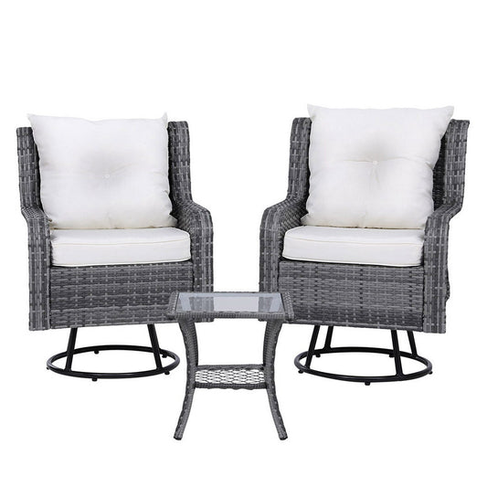 NNEDSZ Gardeon 3PC Outdoor Furniture Bistro Set Lounge Wicker Swivel Chairs Table Cushion Grey-1