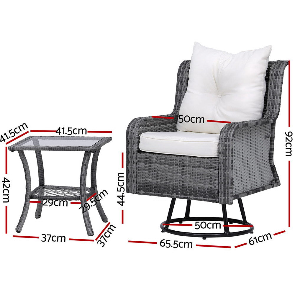 NNEDSZ Gardeon 3PC Outdoor Furniture Bistro Set Lounge Wicker Swivel Chairs Table Cushion Grey-2
