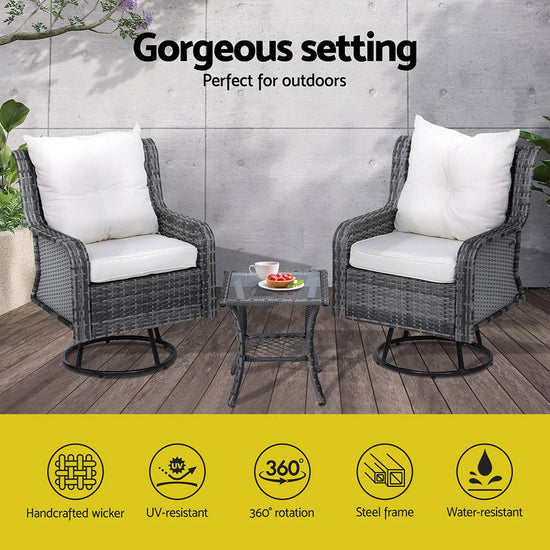NNEDSZ Gardeon 3PC Outdoor Furniture Bistro Set Lounge Wicker Swivel Chairs Table Cushion Grey-3