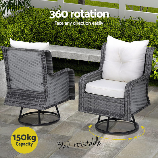 NNEDSZ Gardeon 3PC Outdoor Furniture Bistro Set Lounge Wicker Swivel Chairs Table Cushion Grey-4