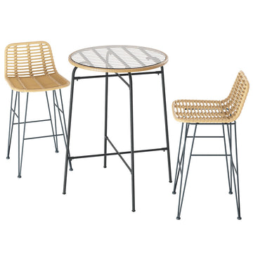 3-Piece Outdoor Bar Set, Wicker Chairs & Glass Table, Patio Bistro