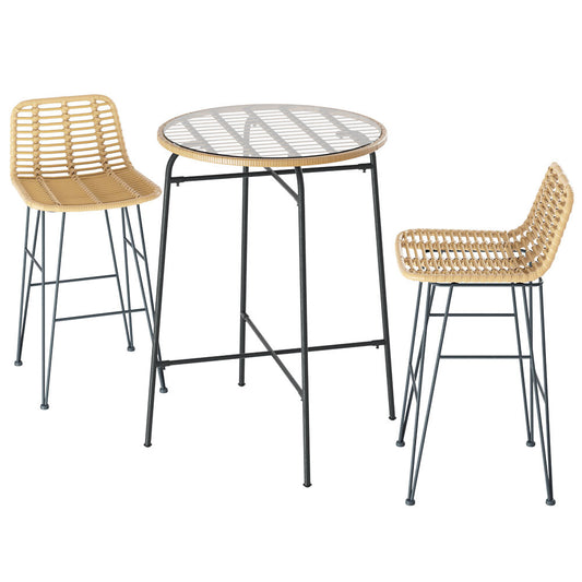 3-Piece Outdoor Bar Set, Wicker Chairs & Glass Table, Patio Bistro
