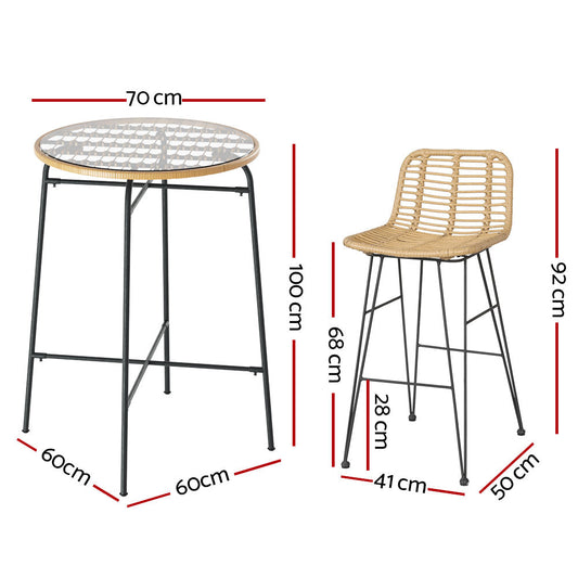 3-Piece Outdoor Bar Set, Wicker Chairs & Glass Table, Patio Bistro