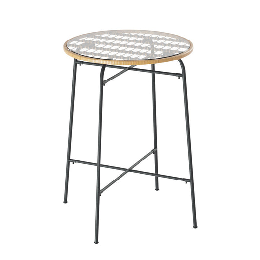 Outdoor Bar Table with Tempered Glass Top and Woven Wicker