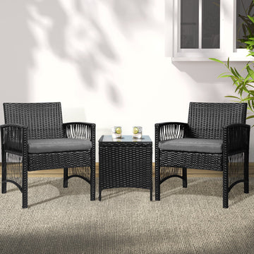 NNEDSZ Gardeon 3PC Outdoor Bistro Set Patio Furniture Wicker Dining Chairs Table Cushion Black-0