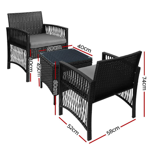 NNEDSZ Gardeon 3PC Outdoor Bistro Set Patio Furniture Wicker Dining Chairs Table Cushion Black-1