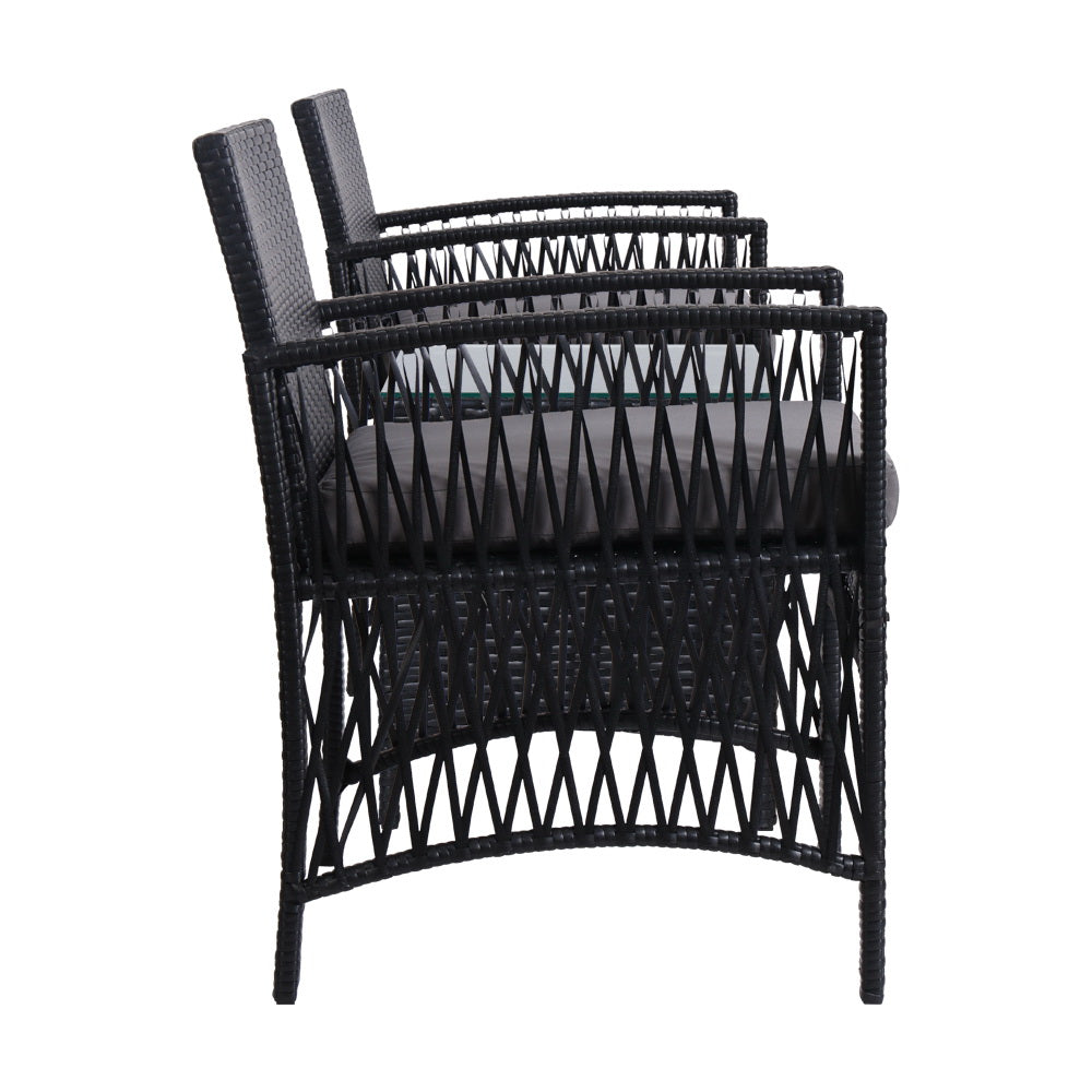 NNEDSZ Gardeon 3PC Outdoor Bistro Set Patio Furniture Wicker Dining Chairs Table Cushion Black-2