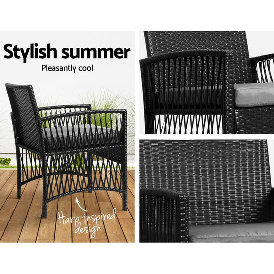 NNEDSZ Gardeon 3PC Outdoor Bistro Set Patio Furniture Wicker Dining Chairs Table Cushion Black-4