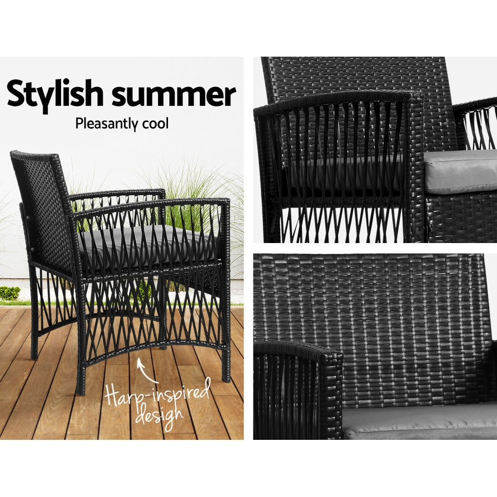 NNEDSZ Gardeon 3PC Outdoor Bistro Set Patio Furniture Wicker Dining Chairs Table Cushion Black-4